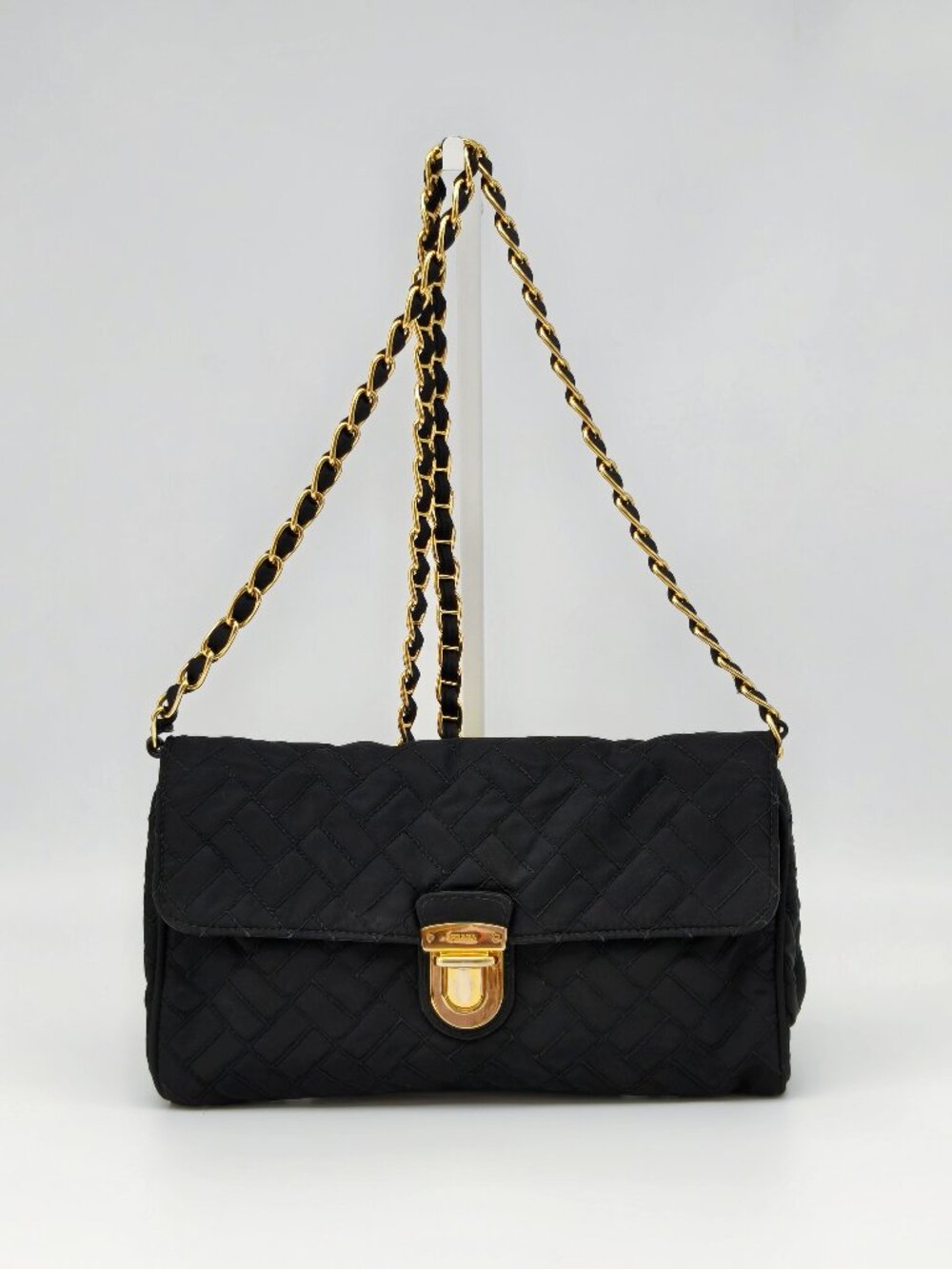 Prada Black Quilted Nylon Chain Shoulder Bag Gold Hardware Crossbody